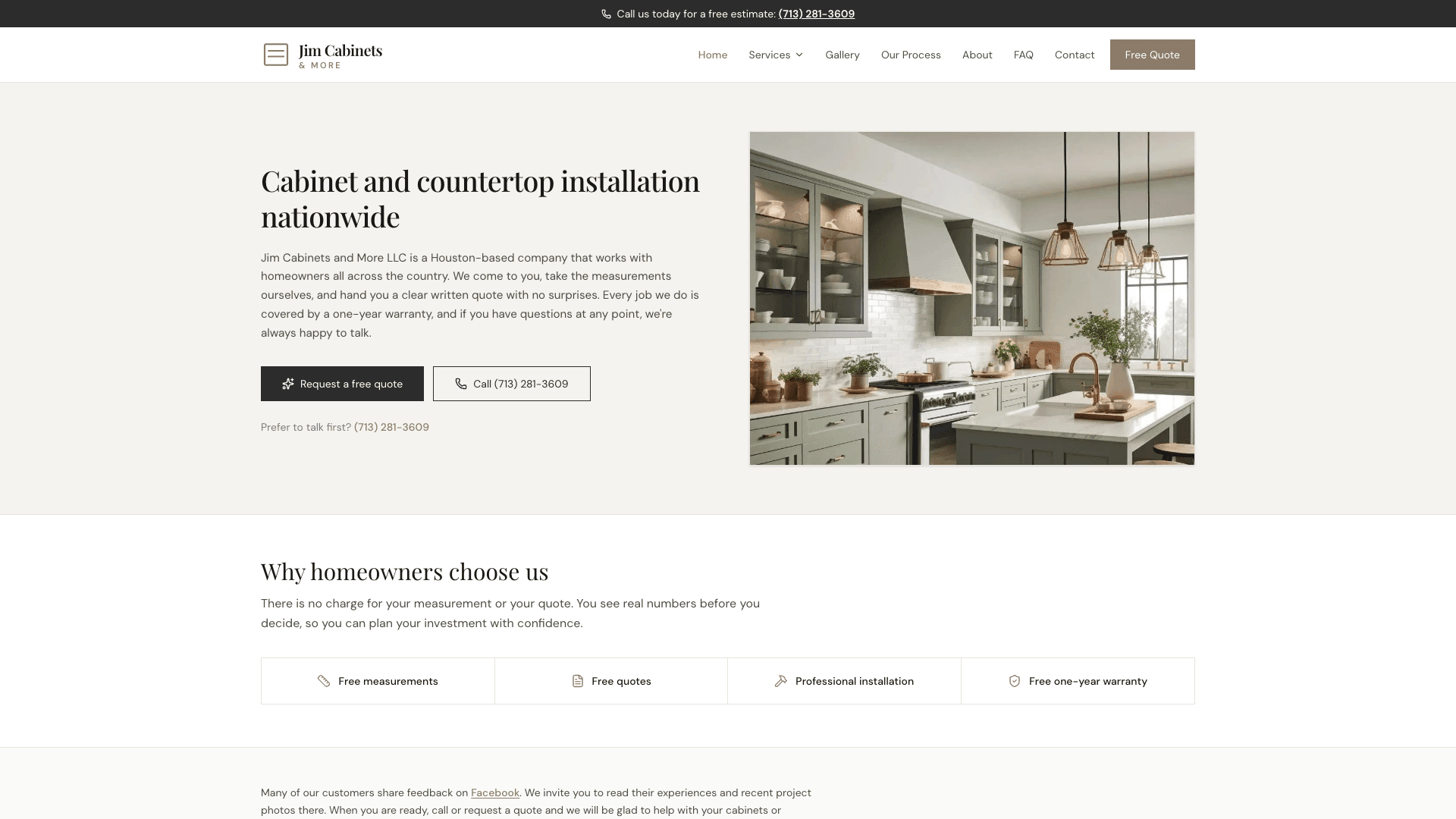 Jim Cabinets and More homepage: cabinet and countertop installation for homeowners, Houston and nationwide.